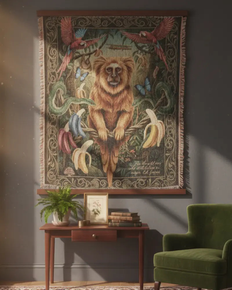 Golden lion tamarin heirloom woven cotton blanket with lion and jungle motifs