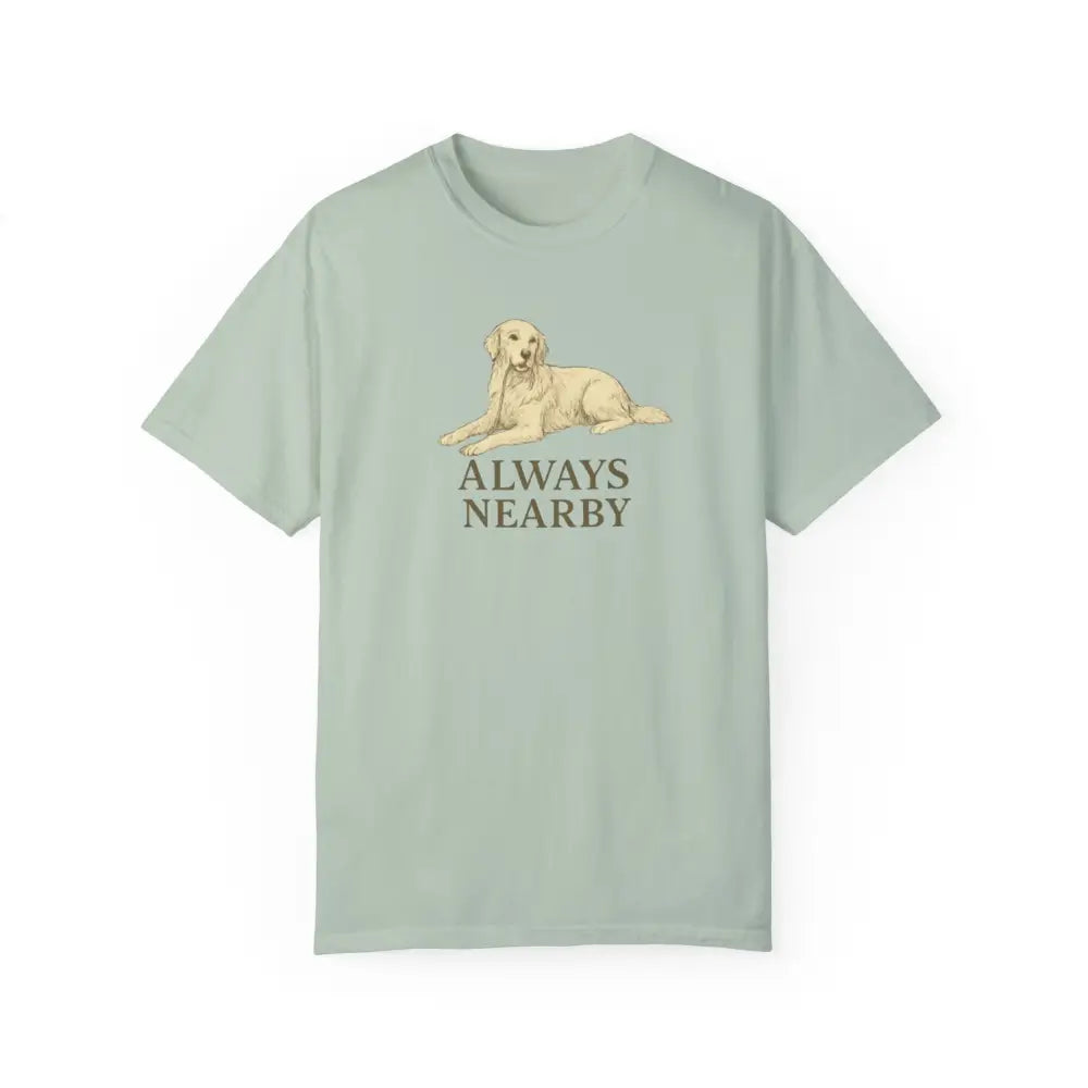 Light green unisex garment-dyed t-shirt with golden retriever illustration