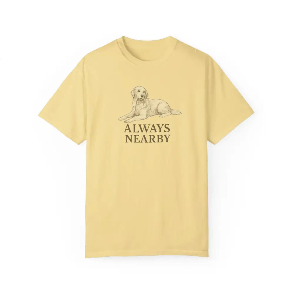 Unisex garment-dyed yellow t-shirt with dog graphic, Always Nearby, Trini Skies Supply
