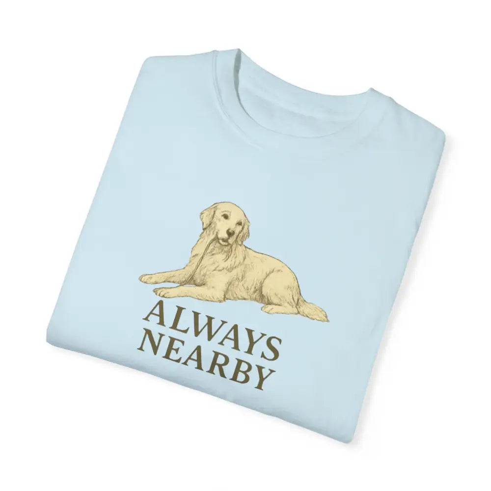 Light blue unisex garment-dyed t-shirt with golden retriever graphic