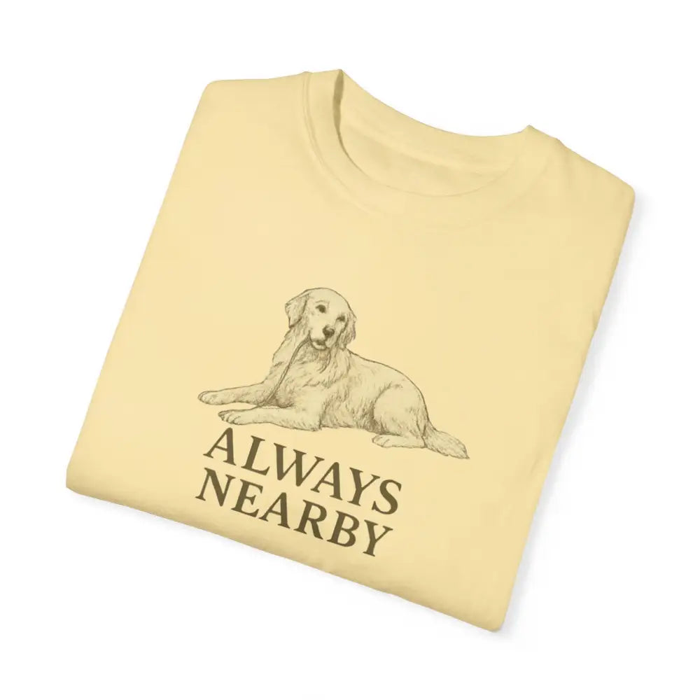 Light yellow unisex garment-dyed t-shirt with golden retriever graphic from Trini Skies Supply