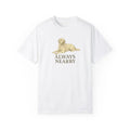 White unisex garment-dyed t-shirt with yellow Labrador graphic and Always Nearby text