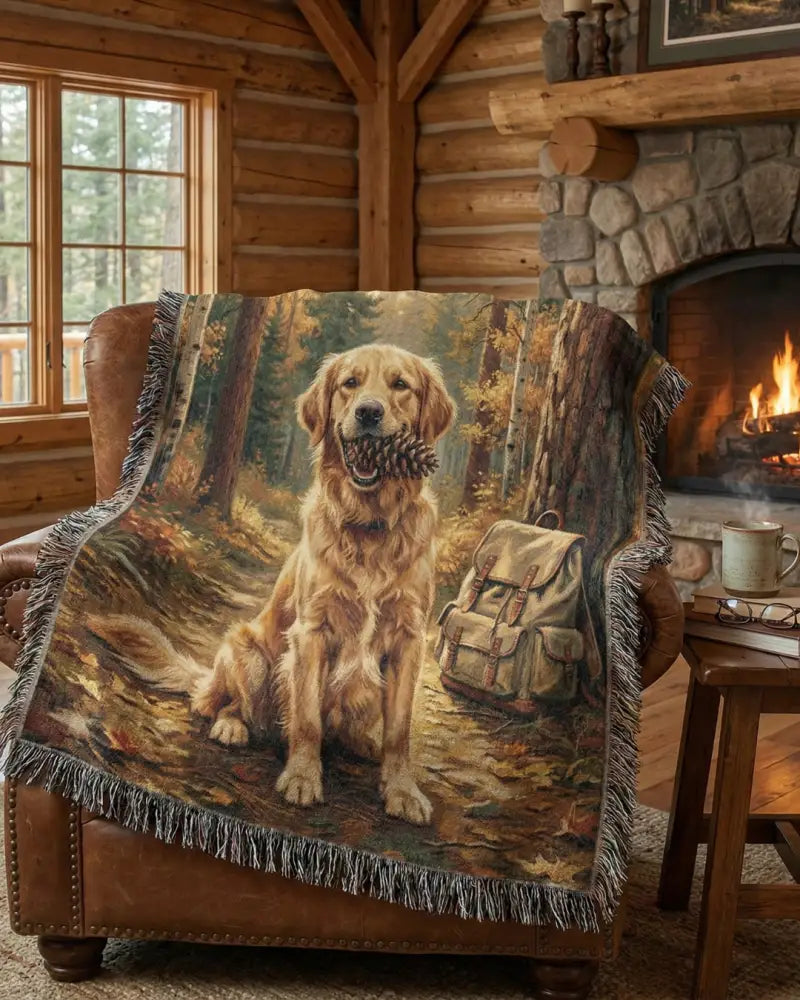 Golden retriever in autumn woods cotton adventure blanket with forest scene