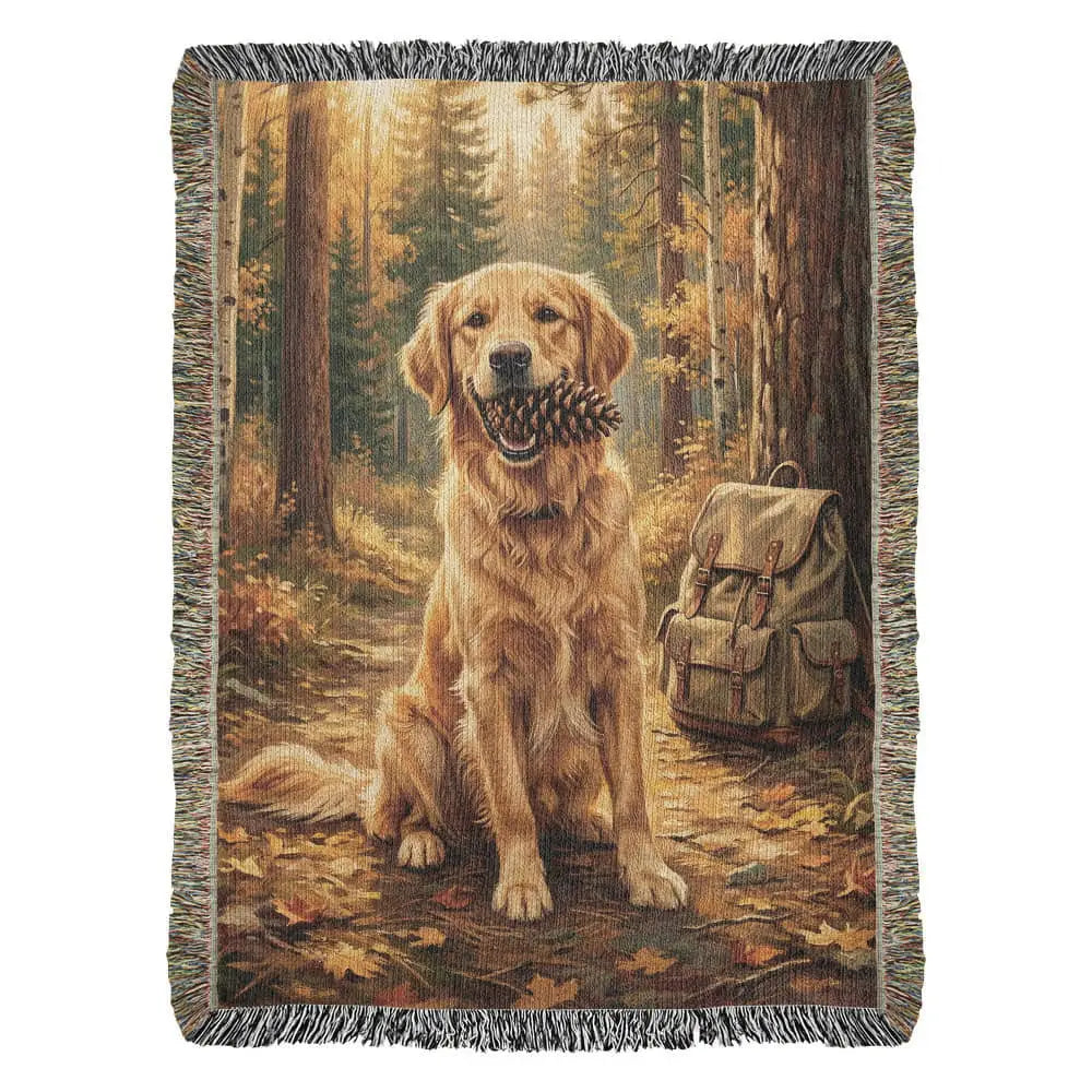 Golden retriever in autumn woods on cotton adventure blanket