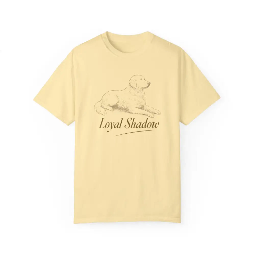 Pale yellow unisex garment-dyed t-shirt with golden retriever graphic