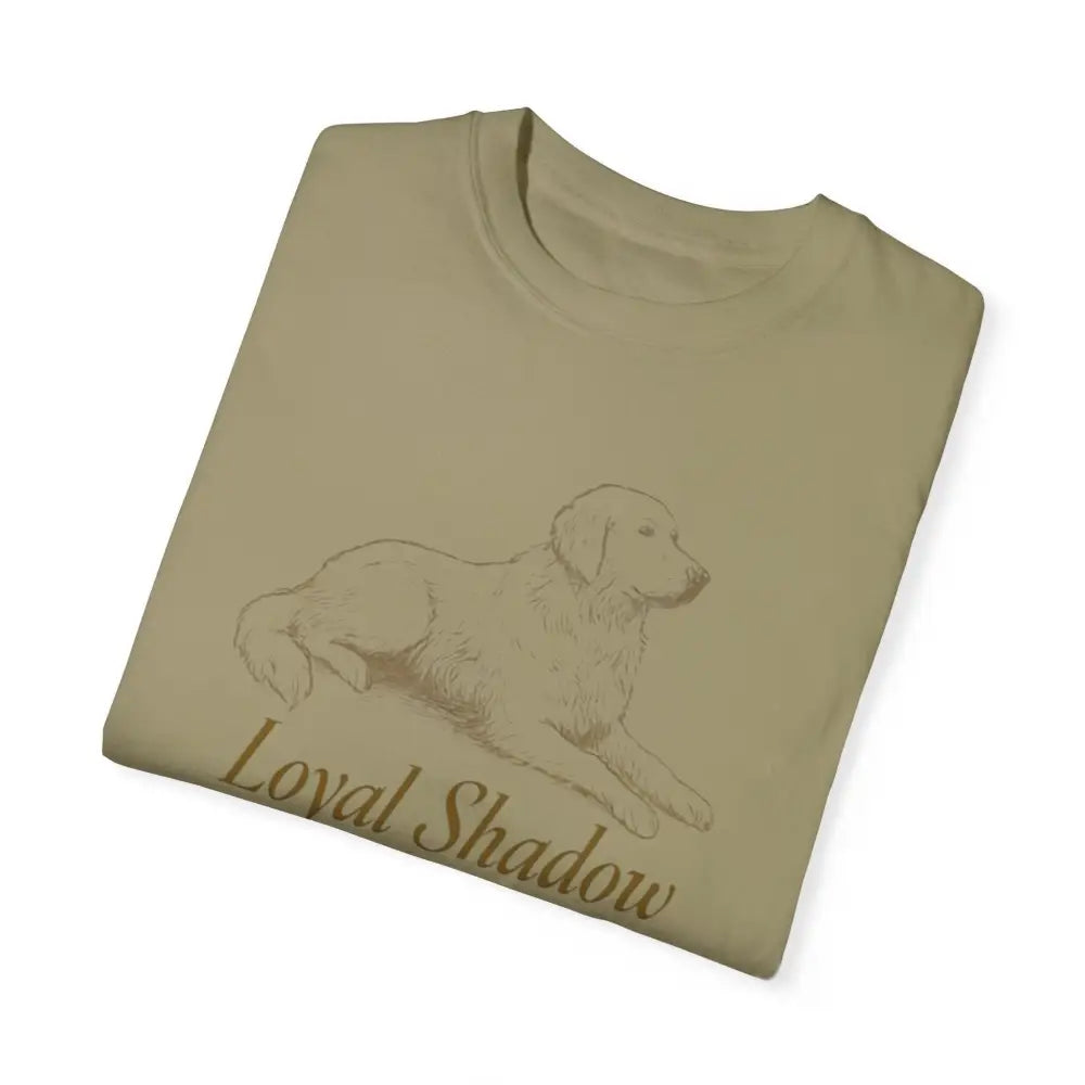 Folded unisex garment-dyed t-shirt with golden retriever graphic