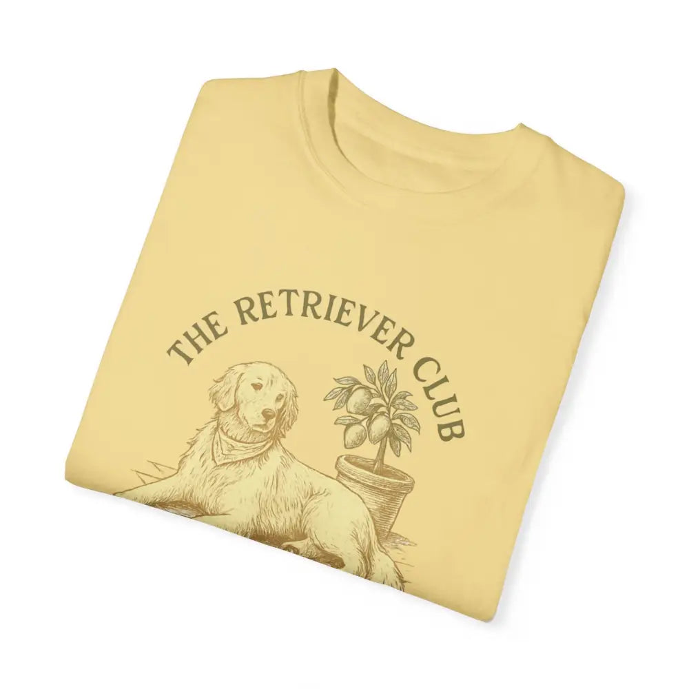 Pale yellow unisex garment-dyed t-shirt with Golden Retriever graphic