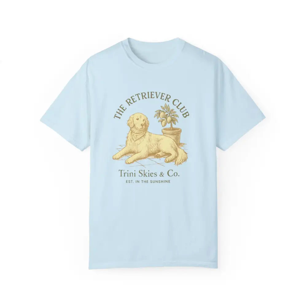 Light blue unisex garment-dyed t-shirt with golden retriever and potted plant graphic