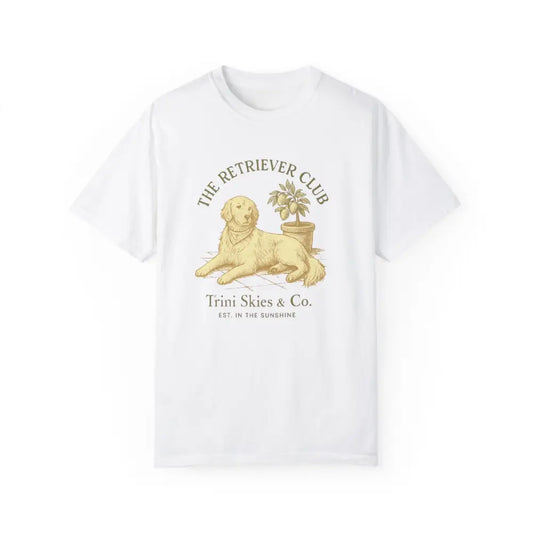 Unisex garment-dyed Golden Retriever t-shirt with dog and plant graphic