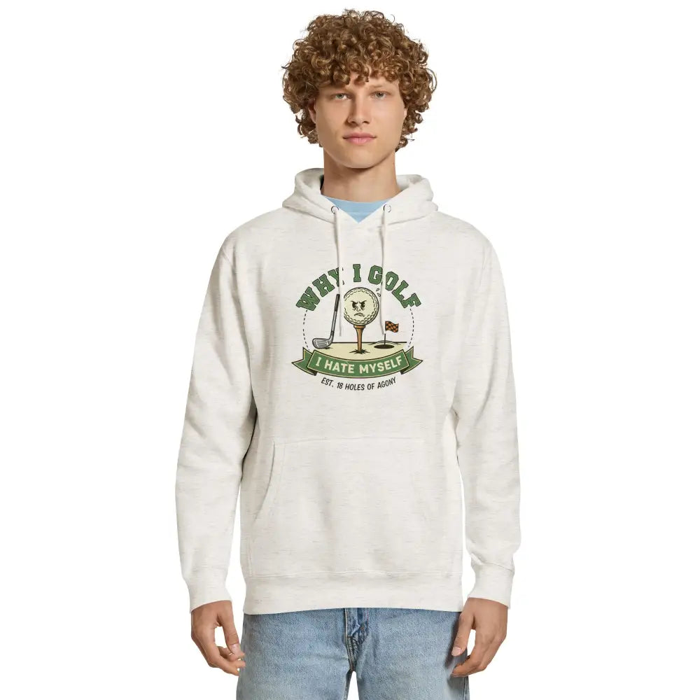 White golf hoodie with funny golfer graphic and humor text