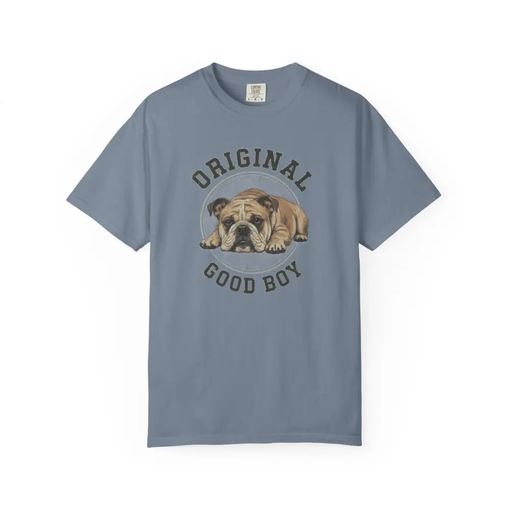 Blue-gray Comfort Colors good boy bulldog graphic tee with vintage illustration