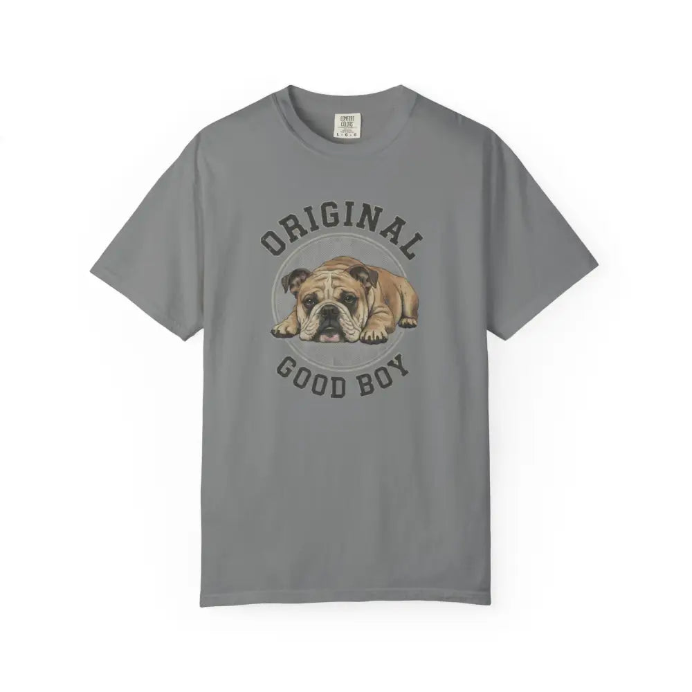 Gray Comfort Colors good boy bulldog graphic tee with vintage bulldog print