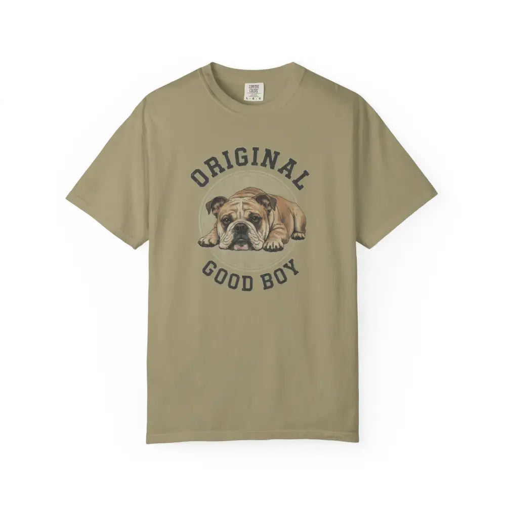 Olive green Comfort Colors good boy bulldog graphic tee
