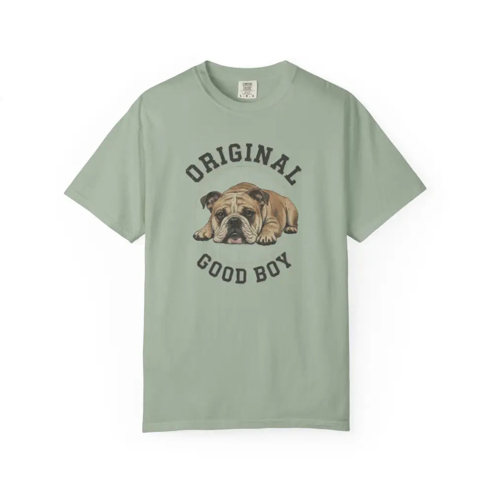 Light green Comfort Colors good boy bulldog graphic tee