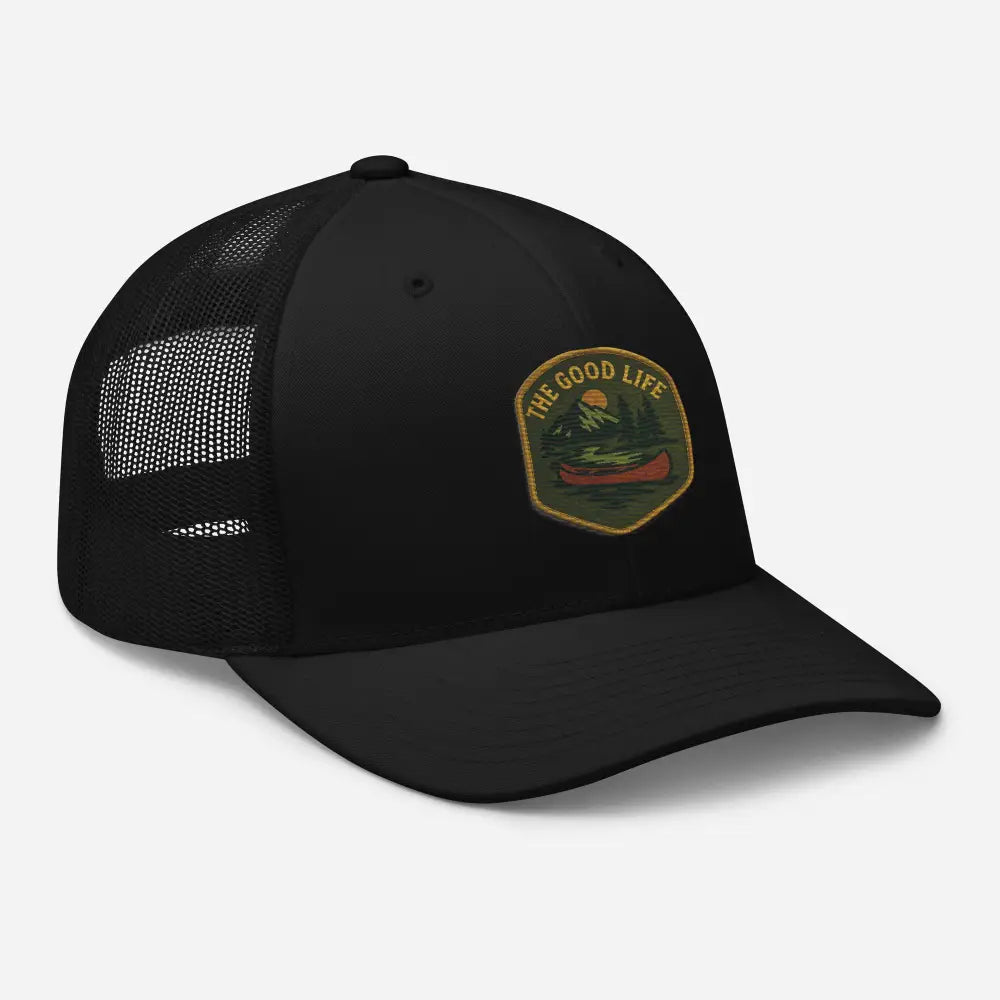 Black Good Life Embroidered Trucker Hat with Outdoor Canoe Patch