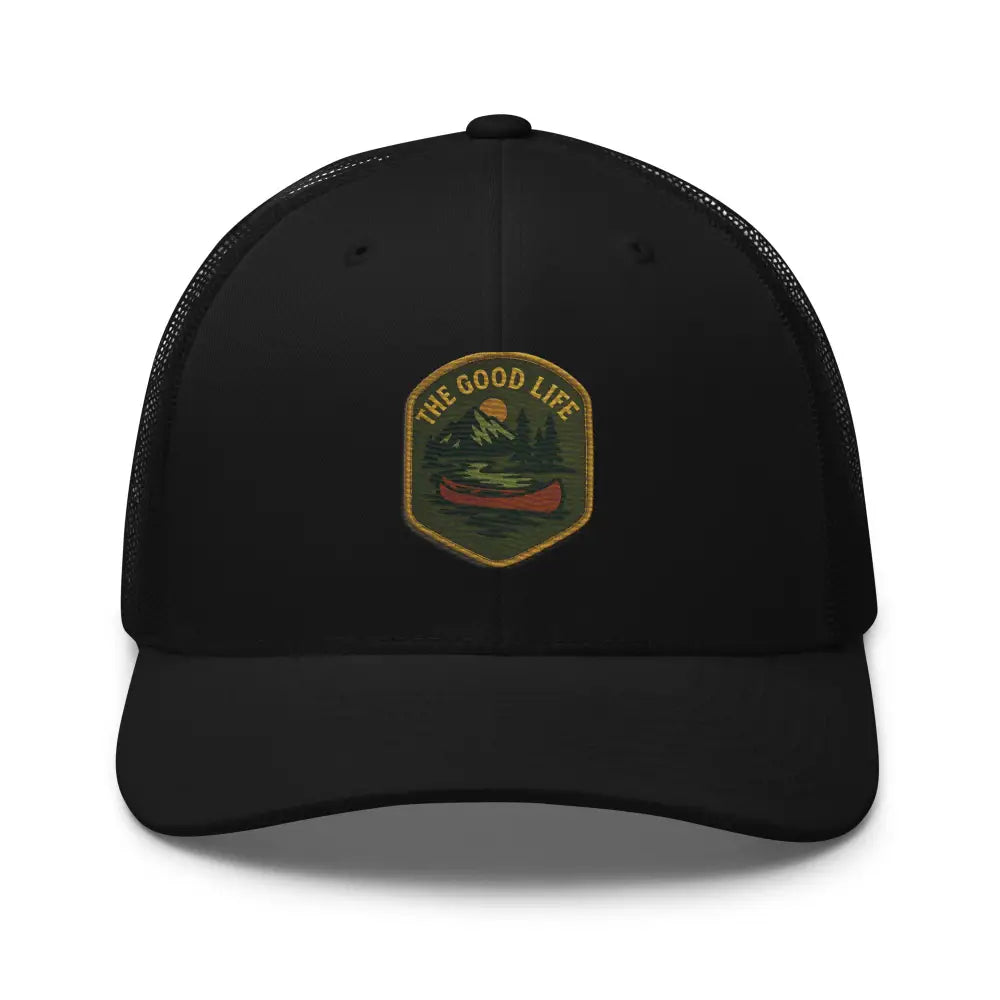 Black embroidered trucker hat with nature-themed patch, perfect for make America great style
