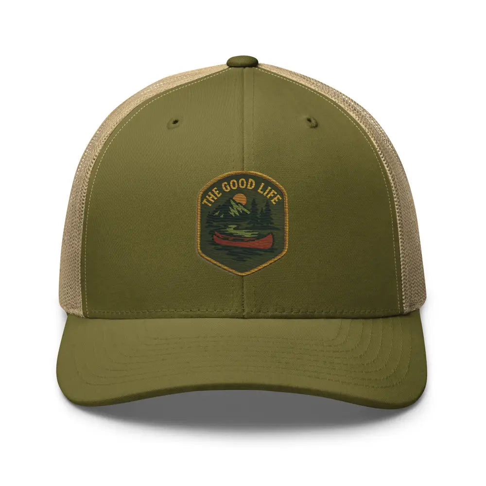 Olive green and tan mesh trucker hat with outdoor-themed patch, good life embroidered design