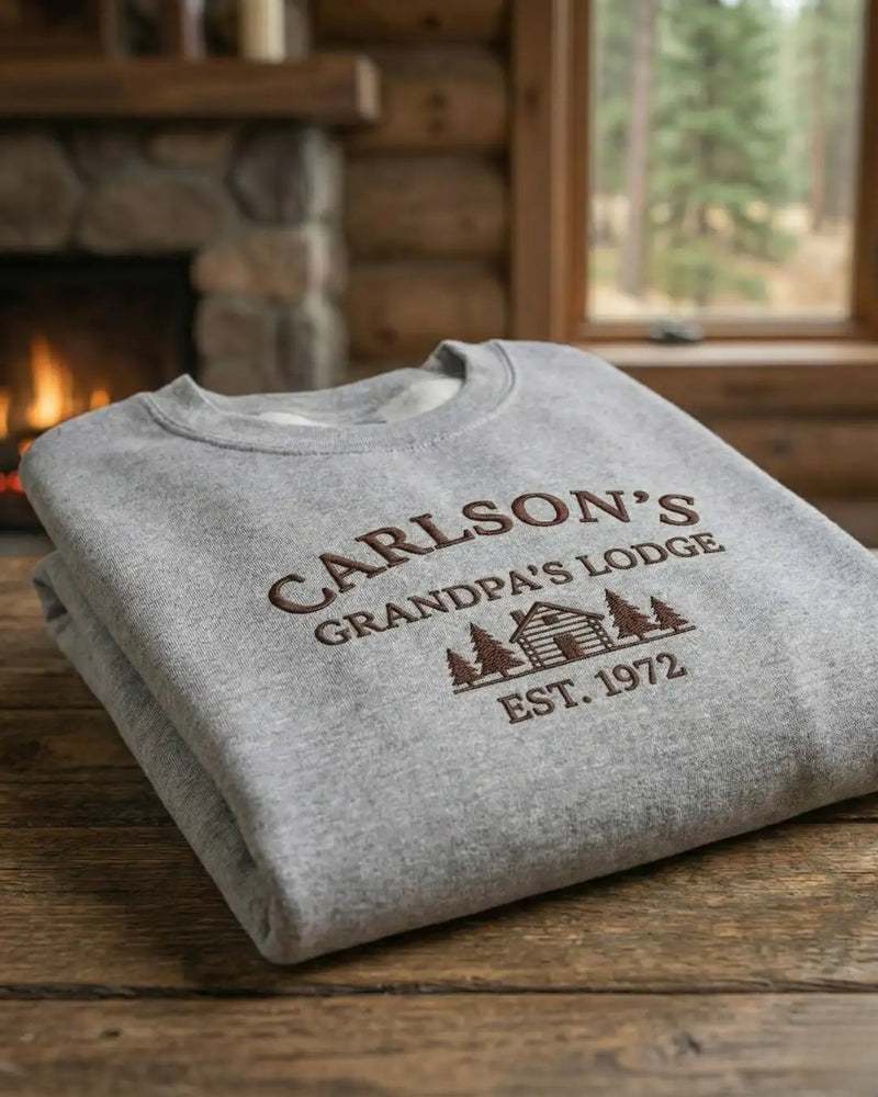 A gray heathered sweatshirt with brown embroidered text and a lodge logo reading ’carlson’s grandpa’s lodge est.