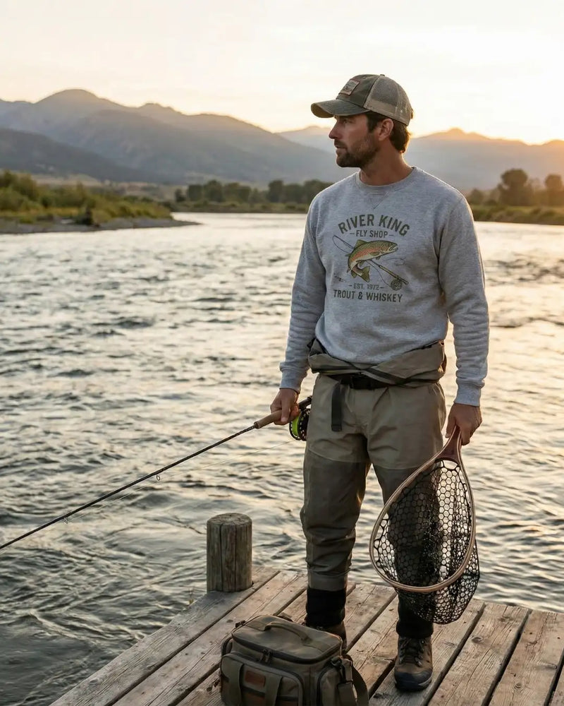 Gray long-sleeved sweatshirt with ’river king fly shop’ graphic and trout design