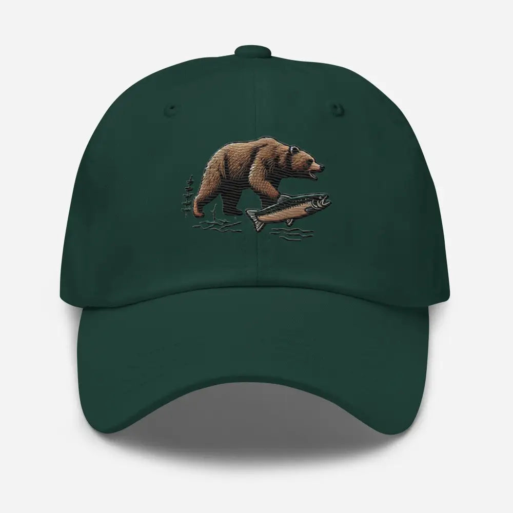 Dark green Cotton Twill Salmon Dad Hat with Embroidered Grizzly Bear and Fish