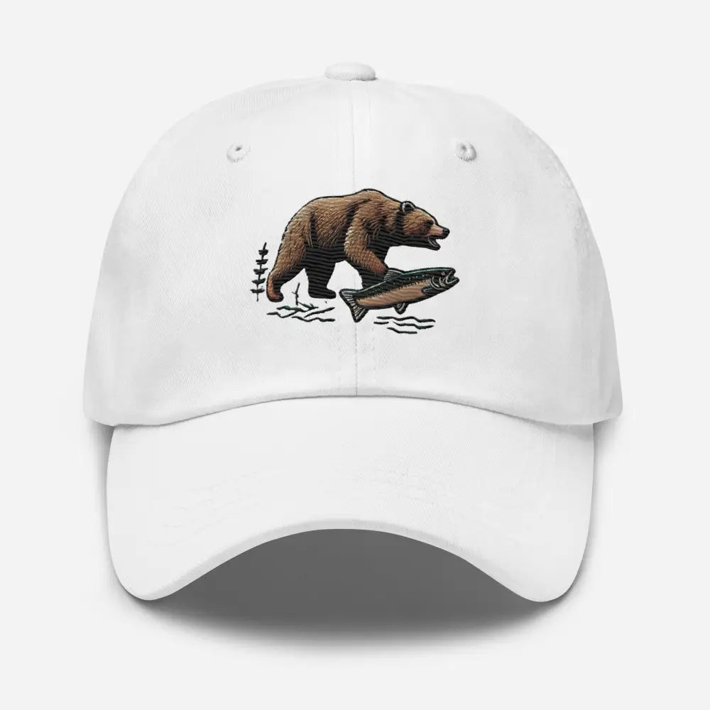 White cotton twill salmon dad hat with bear and fish embroidery and adjustable antique buckle strap
