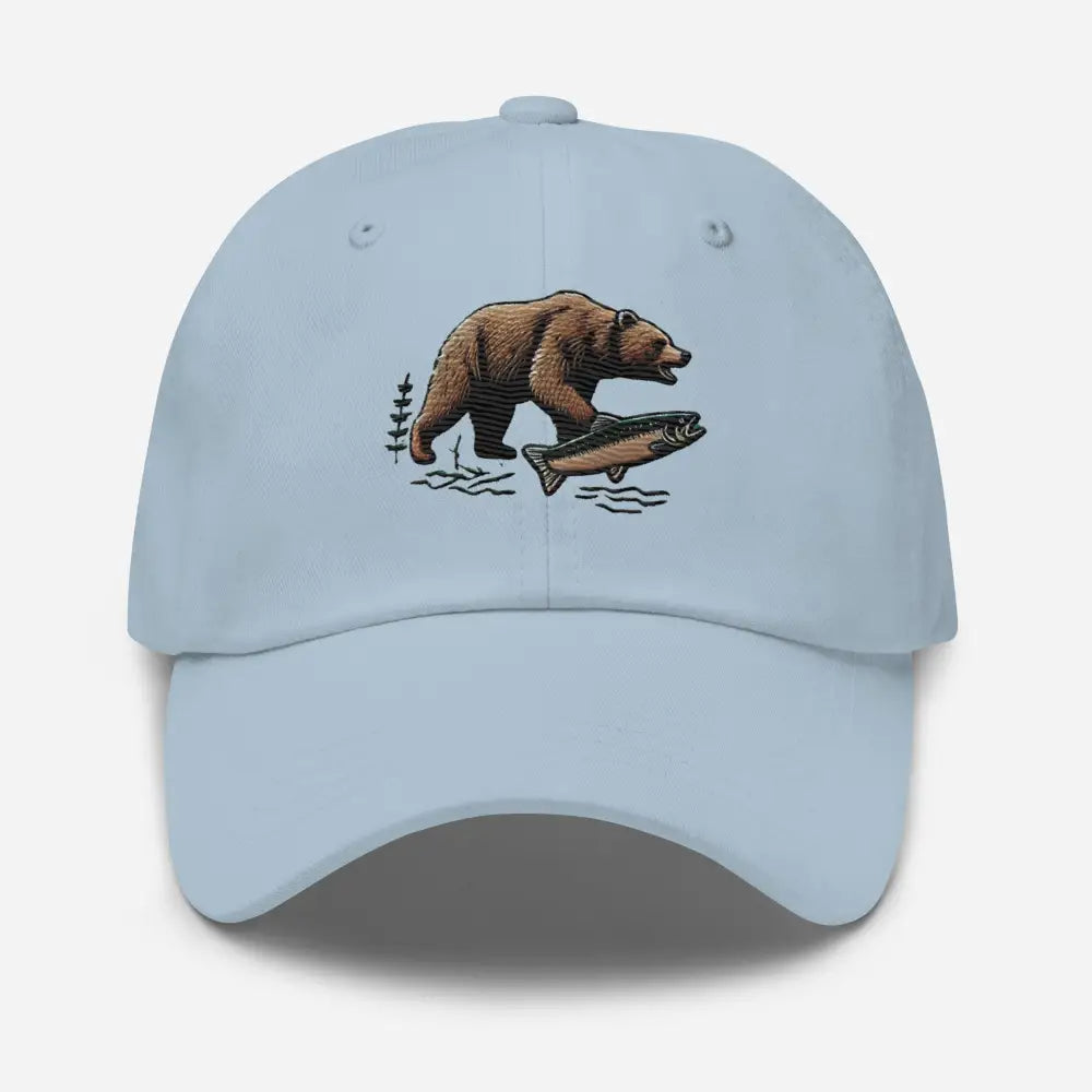 Light blue cotton twill salmon dad hat with bear and fish embroidery and adjustable antique buckle strap