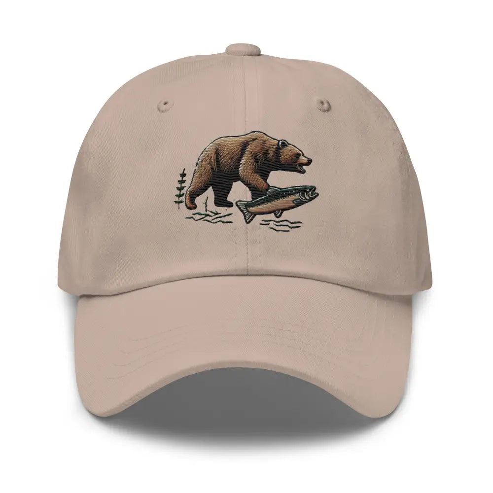 Light brown cotton twill salmon dad hat with embroidered grizzly bear and fish design