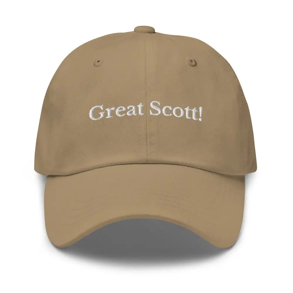 Tan Great Scott Embroidered Baseball Cap with White Text