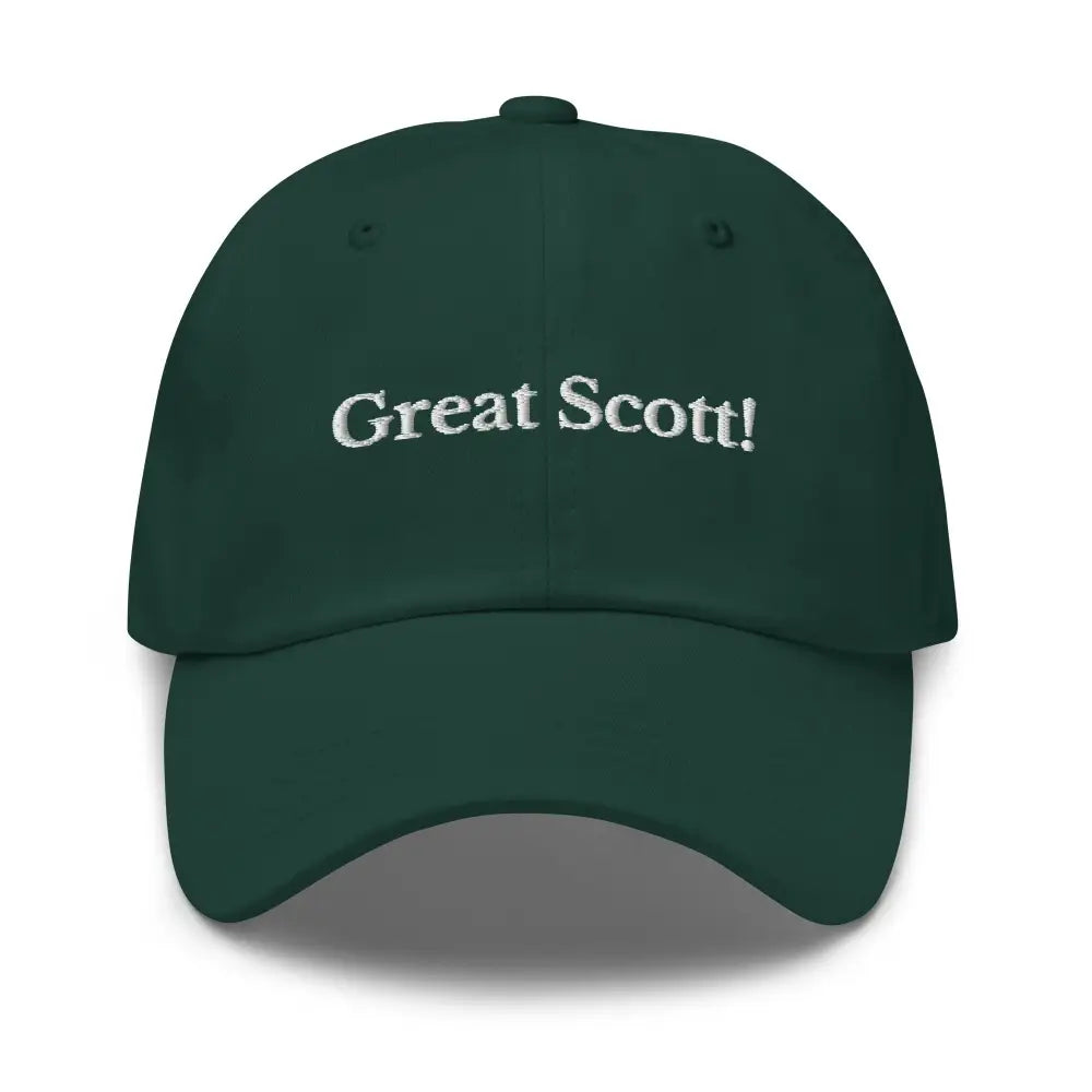 Dark green embroidered corduroy cap with Great Scott text