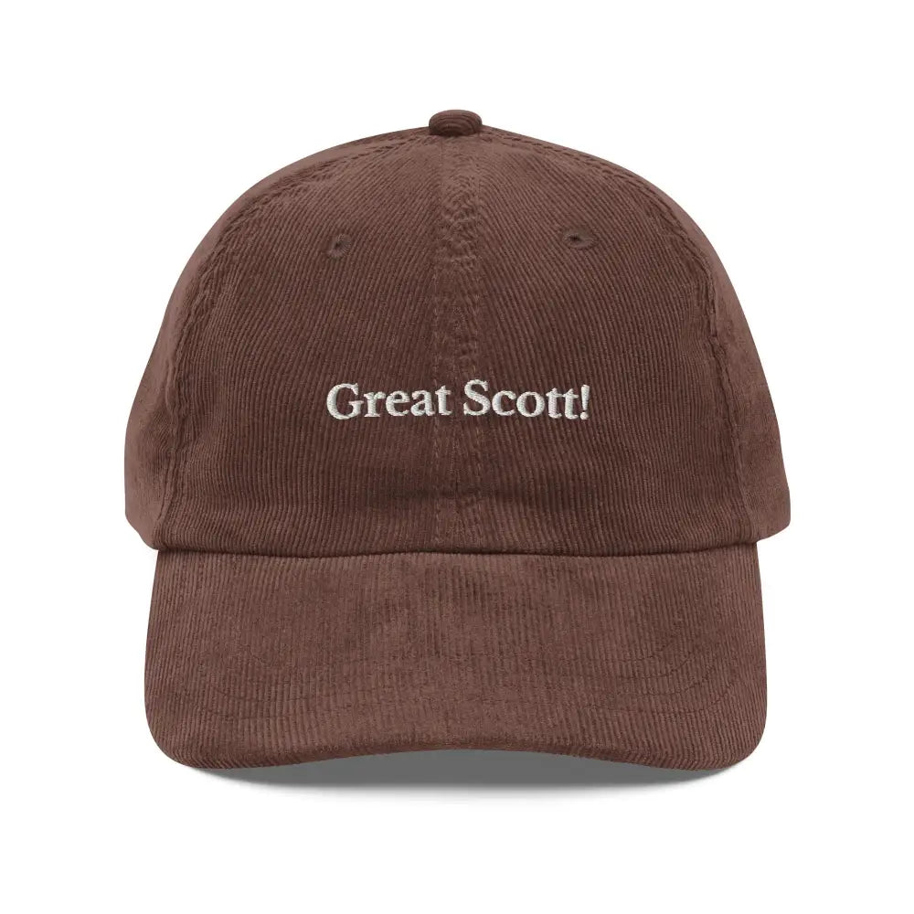 Vintage corduroy cap with Great Scott embroidered on brown baseball hat