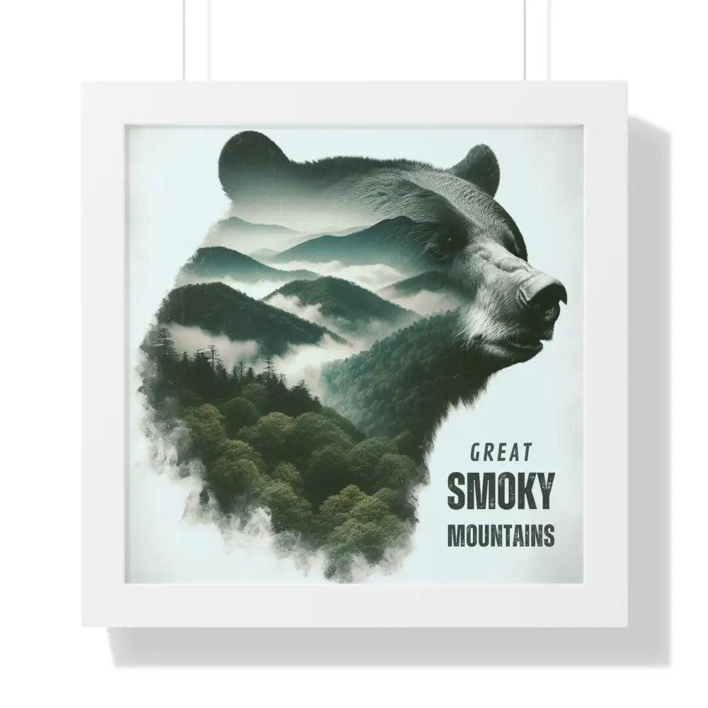 Framed vertical poster of bear head with Great Smoky Mountains