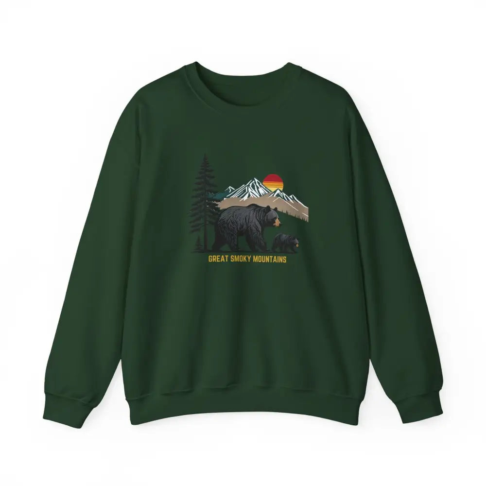 Dark green unisex Great Smoky Mountains sweatshirt with bear graphic