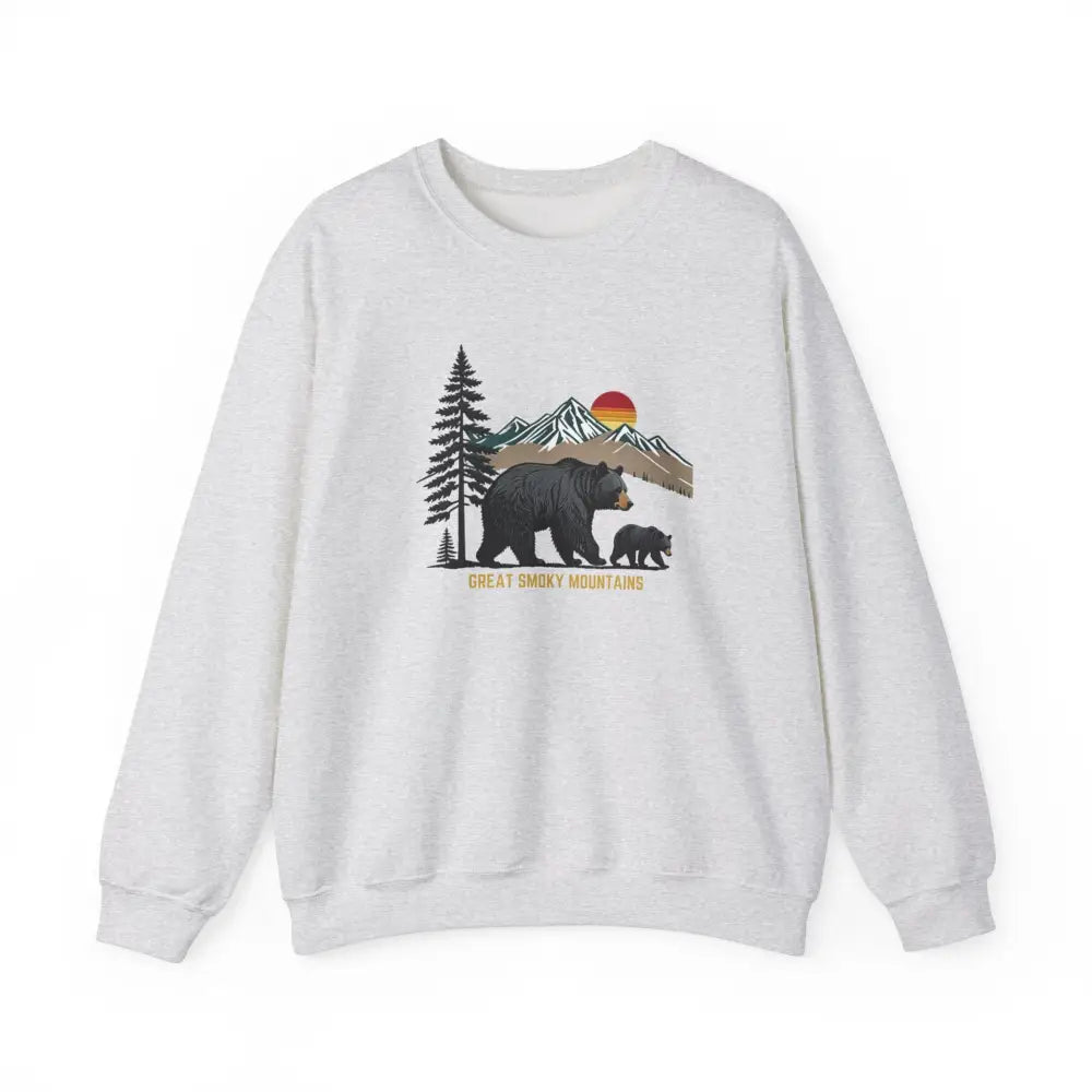 White crew-neck sweatshirt with smoky mountains bear graphic