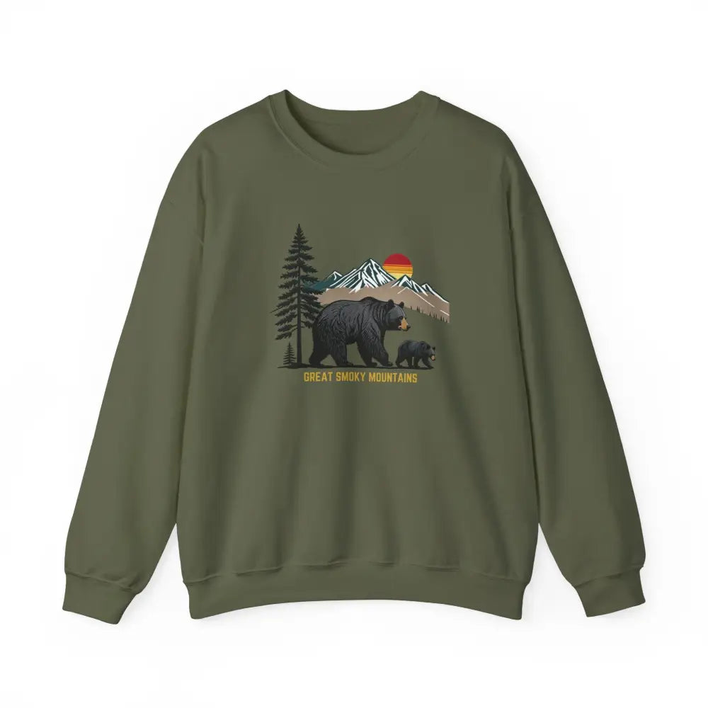 Olive green crewneck sweatshirt with Smoky Mountains bear graphic