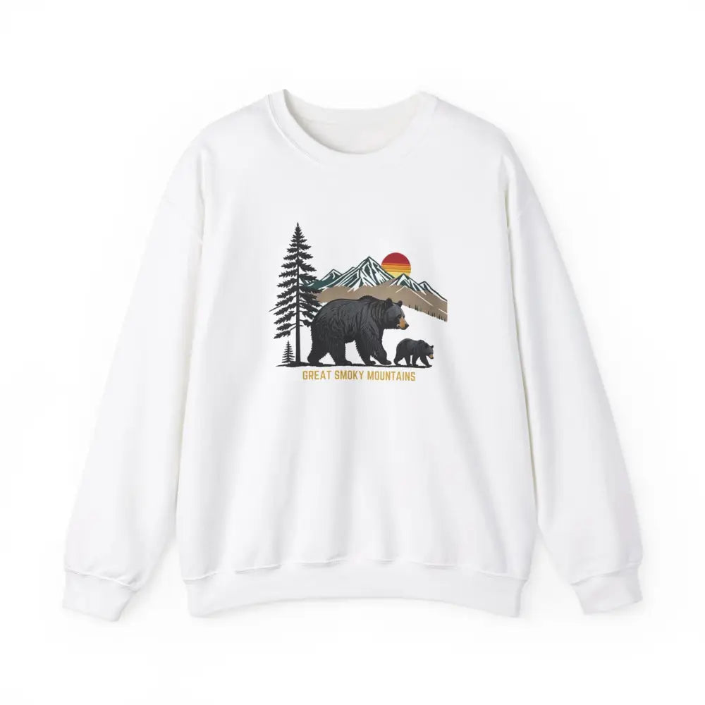 White Great Smoky Mountains sweatshirt with colorful bear graphic