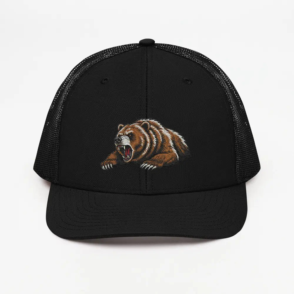 Black trucker hat with grizzly bear embroidered illustration for wildlife outdoor style