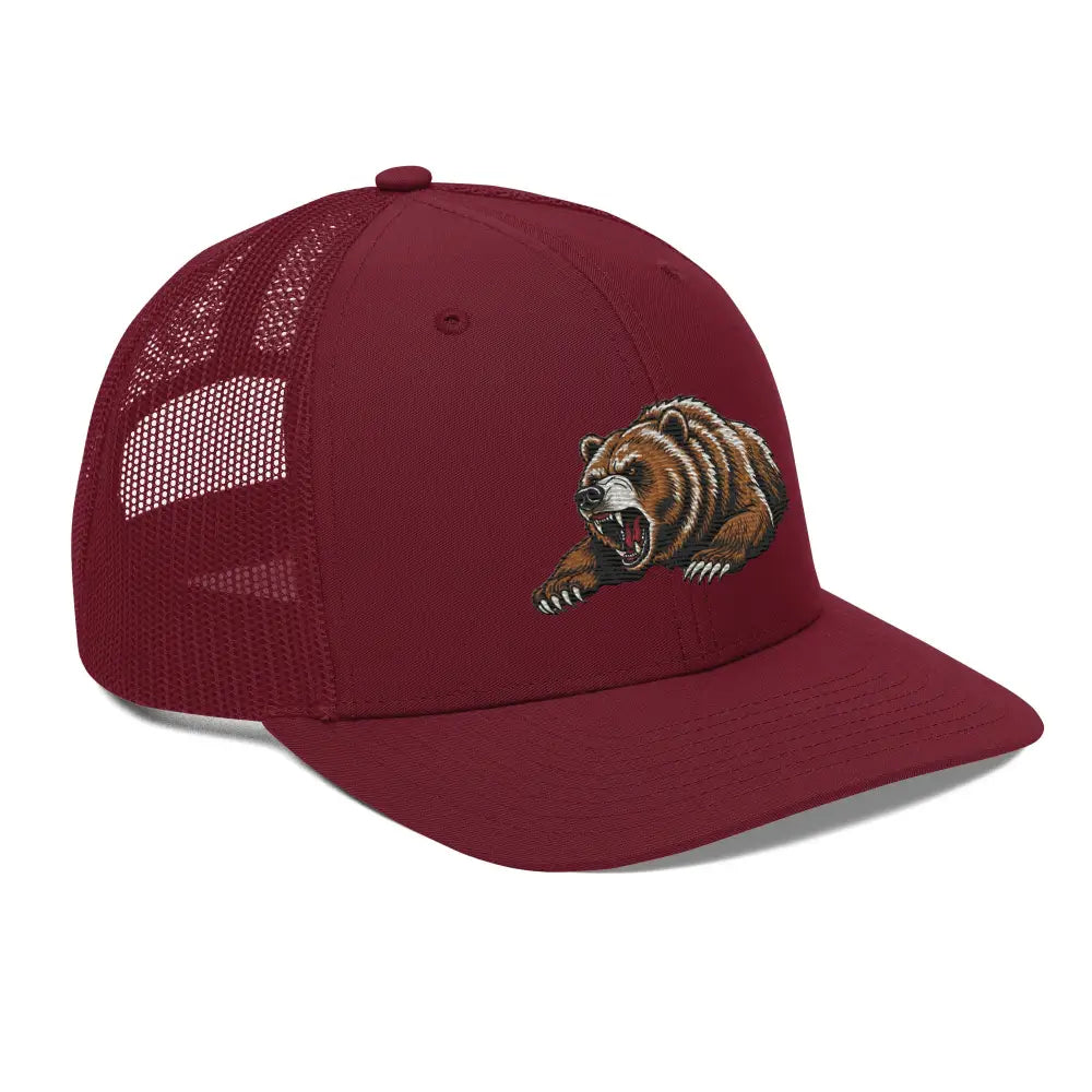 Maroon trucker hat with grizzly bear embroidered design from Richardson 112 outdoor cap