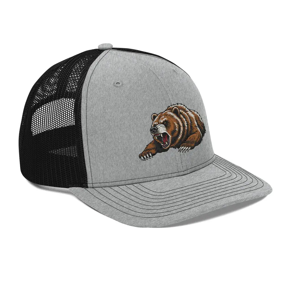 Grey and black trucker hat with a grizzly bear embroidered Richardson 112 snapback