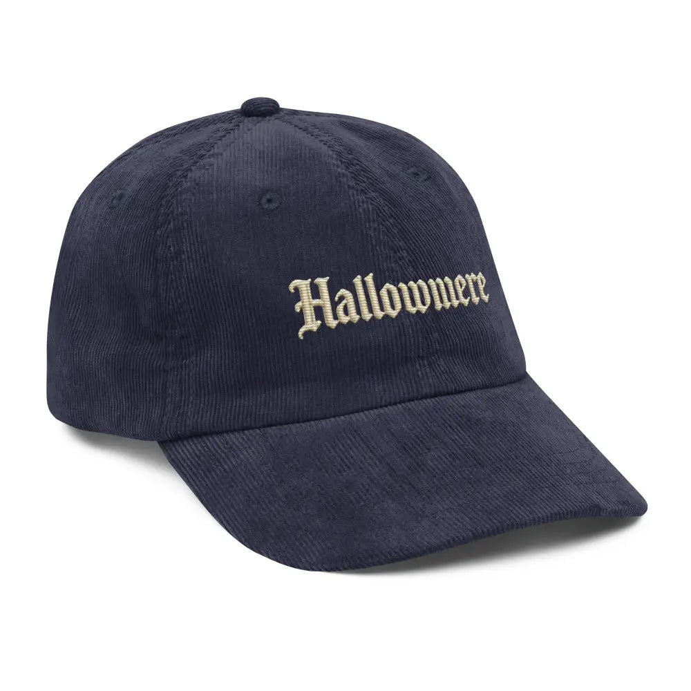 Navy blue corduroy baseball cap with Hallowmere embroidered for gothic dark academia style
