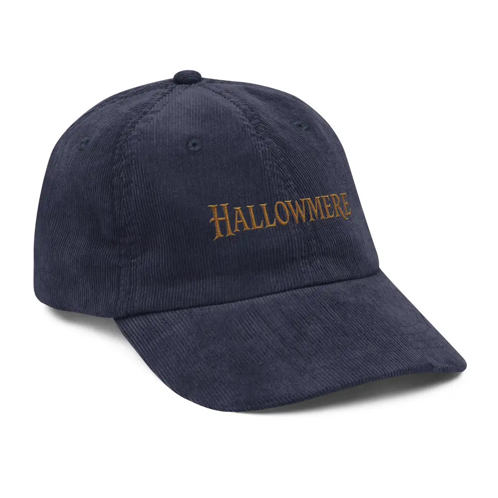 Navy blue Hallowmere corduroy hat with Gothic dark academia embroidered gold Trini Skies