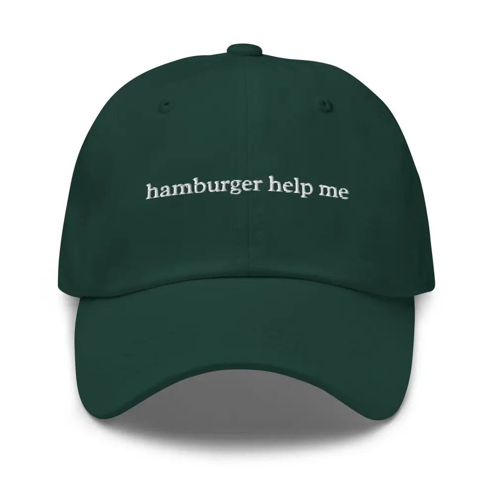 Dark green embroidered dad hat with hamburger help me design