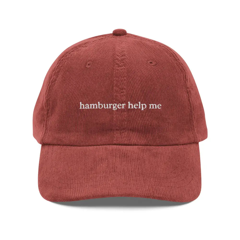 Red vintage corduroy cap with hamburger help me embroidery