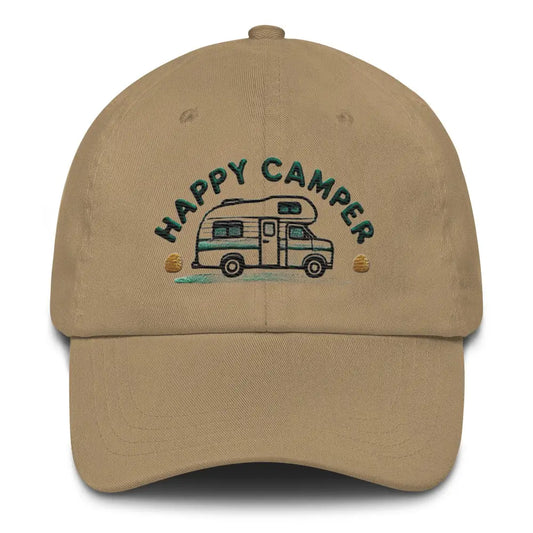 Happy Camper Dad Hat Your Go-To Cap for Outdoor Adventures - Khaki / UNISEX / ADULT - tan baseball cap embroidered