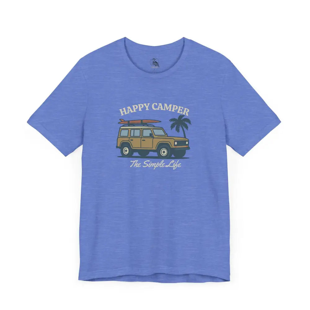 Blue Happy Camper Adventure Tee with beach graphic design