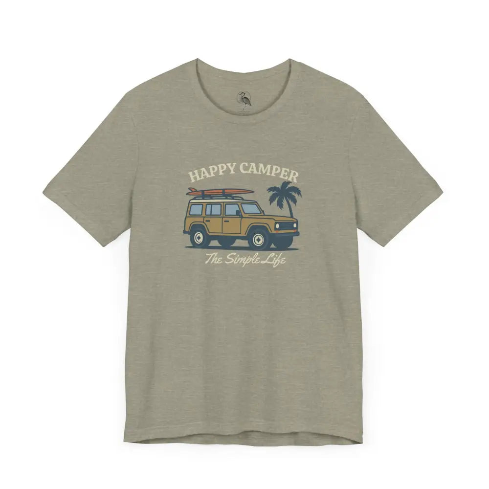 Happy Camper Tee: Olive Green Adventure Shirt with Off-Road Graphic