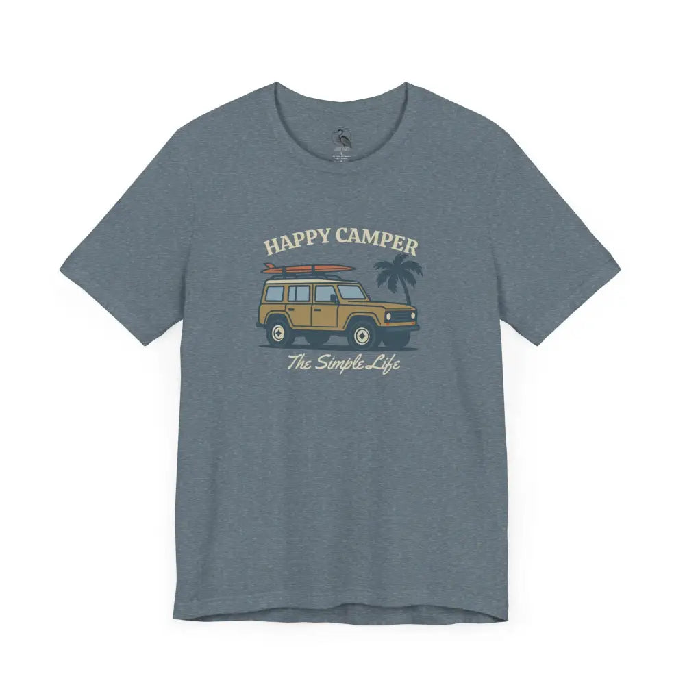 Happy Camper Tee adventure shirt with SUV, surfboards, palm tree graphic