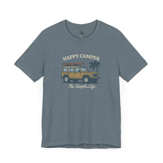 Happy Camper Tee adventure shirt with SUV, surfboards, palm tree graphic
