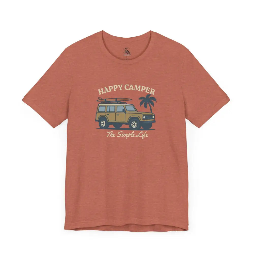 Rust-colored Happy Camper tee with adventure graphic, short-sleeve vacation outfit