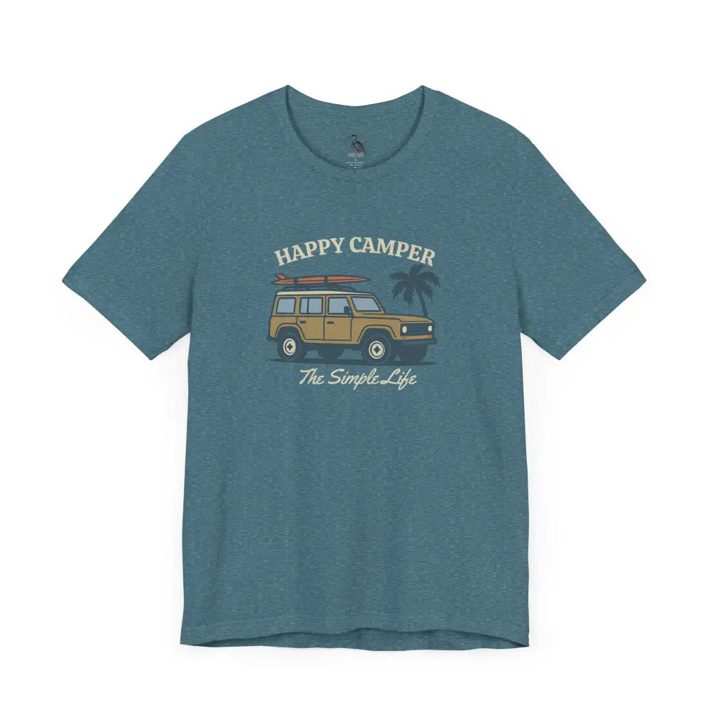 Happy Camper Adventure Tee: Teal T-Shirt with Off-Road Surfboard Print