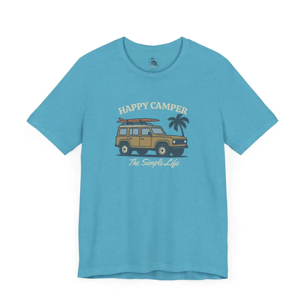 Light blue happy camper tee with off-road vehicle, surfboards and palm tree graphic